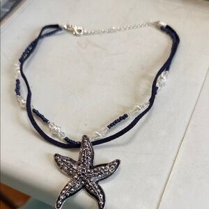 Macys INC starfish statement necklace navy blue beads and faux pearls crystals